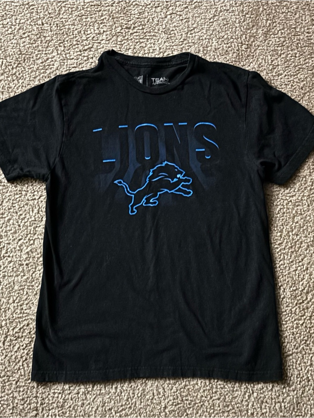 Team Apparel Black Tee with Blue Detroit Lions Graphic